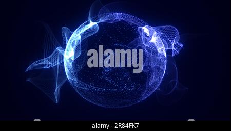 Lumière sphérique bleue ronde abstraite brillante provenant de rayons d'énergie et d'ondes magiques provenant de particules et de points, arrière-plan abstrait. Banque D'Images