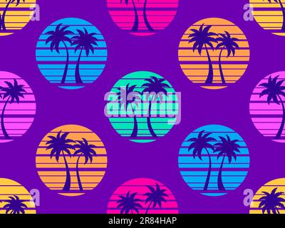 Motif sans couture avec palmiers au coucher du soleil style rétro 80s. L'été, soleil futuriste avec palmiers dans le style des ondes synthiques. Design pour l'impression, promotion Illustration de Vecteur