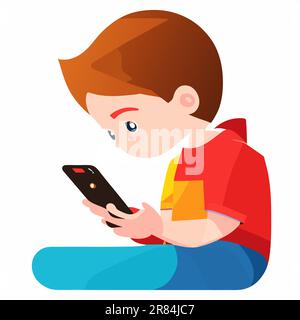 Jeune garçon utilise son illustration de vecteur de téléphone isolé sur blanc, téléphone ou Internet addiction concept, sérieux pensant jeune garçon avec smartphone. Illustration de Vecteur