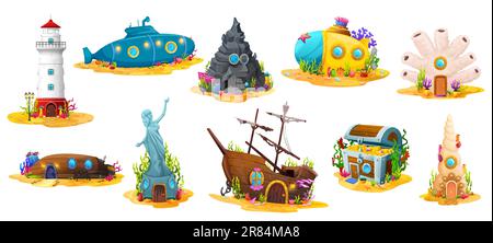 Actif de jeu de bâtiments sous-marins de dessin animé. Vecteur isolé navire coulé, bateau et sous-marin. Maisons de fées en pierre, corail ou coquillage, coffre au Trésor et maisons de lumière Illustration de Vecteur