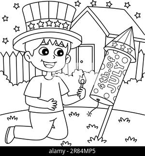 4th de juillet Kid Lighting Up Firework coloriage page Illustration de Vecteur