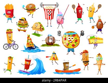 Drôle de dessin animé à emporter des personnages de restauration rapide sur le sport. Vector frites, hamburger, pop corn et tacos, pilon de poulet, cola, ketchup et bouteilles de moutarde, pizza, burrito, cocktails et tarte personnages Illustration de Vecteur