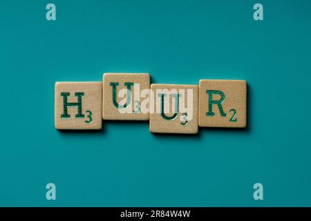 Les lettres en bois épelant le mot huur (néerlandais à louer) sur fond bleu Banque D'Images