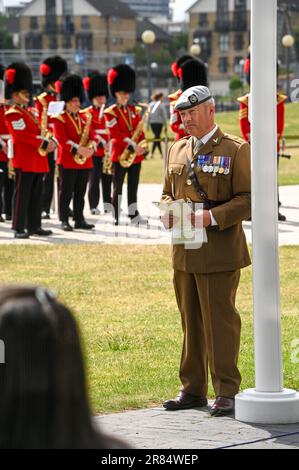 City Hall, Londres, Royaume-Uni. 19 juin 2023. Le lieutenant-colonel Johnson, président, à la cérémonie de levée du drapeau de la Journée des Forces armées, en prévision de la Journée des Forces armées nationales, hôtel de ville, Kamal Chunchie Way, Londres, Royaume-Uni. Crédit : voir Li/Picture Capital/Alamy Live News Banque D'Images