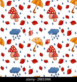 Motif sans couture avec champignons rouges, parapluie, nuages, gouttes et feuilles sur fond blanc et style plat. Illustration vectorielle Banque D'Images