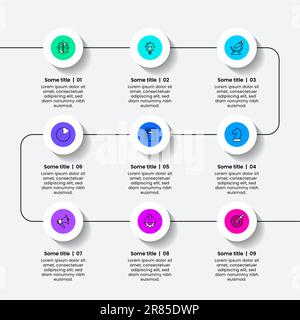 Modèle d'infographie avec icônes et 9 options ou étapes. Chronologie. Peut être utilisé pour la mise en page de flux de travail, le diagramme, la bannière, la conception Web. Illustration vectorielle Illustration de Vecteur