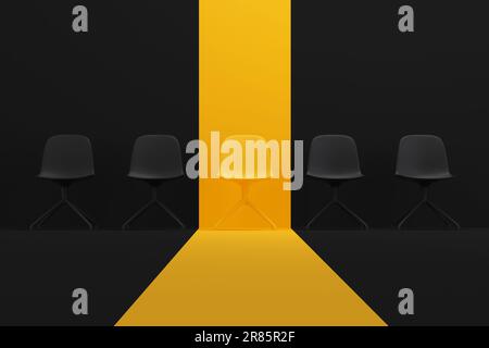 Chaise jaune hors de la foule. Gestion des ressources humaines et concept d'entreprise de recrutement. 3d rendu. Banque D'Images