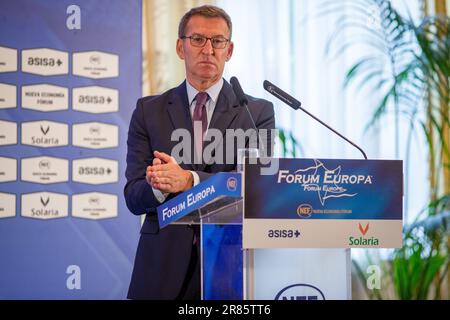 Madrid, Espagne. 19th juin 2023. Alberto Núñez Feijóo, dirigeant du Parti populaire et candidat du Parti populaire pour la présidence du Gouvernement espagnol, parle lors du petit déjeuner instructif au Forum Europa de Madrid, organisé par le Forum économique Nueva. (Photo par Luis Soto/SOPA Images/Sipa USA) crédit: SIPA USA/Alay Live News Banque D'Images