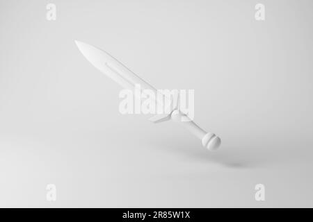 Épée courte blanche flottant dans les airs sur fond blanc en monochrome et minimalisme. Illustration du concept de guerre, d'attaque et de défense Banque D'Images