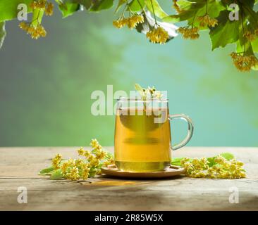 Un verre de thé au tilleul sur la table sous le tilleul. Tisanes d'hiver saines. Banque D'Images