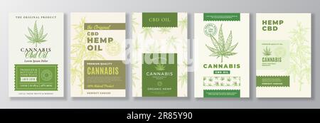 Lot d'étiquettes de l'ensemble de vecteur d'huile de chanvre CBD. Typographie moderne et branche de l'usine de cannabis dessinée à la main avec feuilles Collection d'illustrations d'esquisse Illustration de Vecteur