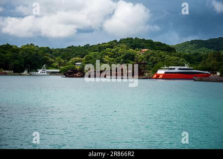 Un naufrage sur la rive de Roatan Honduras sur le fond de la végétation luxuriante Banque D'Images