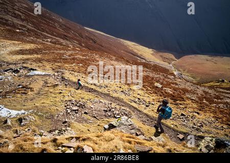 En hiver, dans le district anglais des lacs, au Royaume-Uni, on peut observer une femelle qui marche sur un sentier de montagne vers le sommet de Sail. Banque D'Images