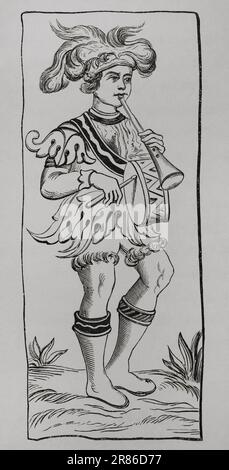 Le Fool. Carte d'une terrasse de Tarot datant du 15th siècle. Gravure. 'Les Arts au Moyen Age et l'Epoque de la Renaissance', par Paul Lacroix. Paris, 1877. Banque D'Images