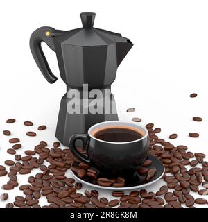 Machine à café italienne geyser, une moka et une tasse de café en céramique sur blanc Banque D'Images