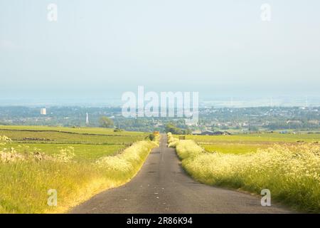 Une route de campagne vide tout droit à travers le paysage rural et vallonné du parc régional de Lomond Hills vers Glenrothes, Fife, Écosse, Royaume-Uni Banque D'Images