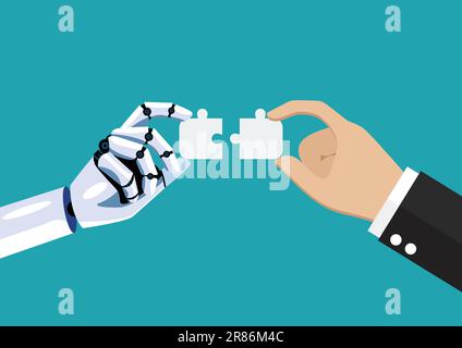 Homme d'affaires et robot ai connectent main puzzle puzzle ensemble. L'intelligence artificielle humaine et l'intelligence artificielle de l'IA travaillent ensemble. Illustration vectorielle Illustration de Vecteur
