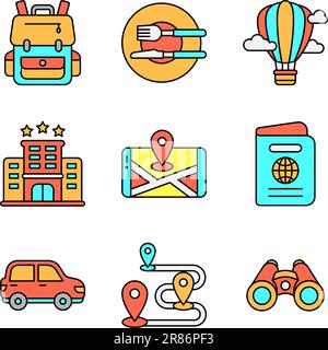 Icônes de tourisme et de voyage dans un style de ligne coloré Illustration de Vecteur