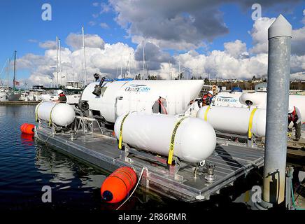 Le submersible Oceangate "Titan". La Garde côtière des États-Unis est à la recherche du submersible Titan de 21 pieds du navire de recherche canadien Polar Prince. L’équipage de 5 personnes a submergé dimanche matin, et l’équipage du Polar Prince a perdu contact avec eux environ 1 heure et 45 minutes après la plongée du navire. Photo : OceanGate / document à distribuer Banque D'Images