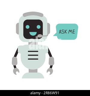 Un drôle d'avatar de conseiller numérique pour aider le client ou l'opérateur de robot à dire me demander Illustration de Vecteur