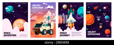 Affiches d'espace de dessin animé. Exploration spatiale colorée et affiches de vol cosmique, planètes de galaxie de l'univers et concept de science et de technologie des étoiles. Vecteur Illustration de Vecteur