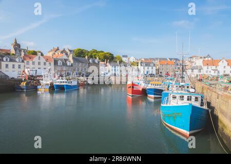 Des bateaux de pêche colorés amarrés au port dans le pittoresque village côtier de Pittenweem, Fife, Écosse, Royaume-Uni. Banque D'Images