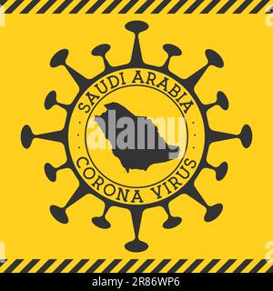 Le Corona virus en Arabie Saoudite signe. Badge rond avec forme de virus et carte de l'Arabie Saoudite. Tampon de verrouillage de l'épidémie Yellow Country. Illustration vectorielle. Illustration de Vecteur