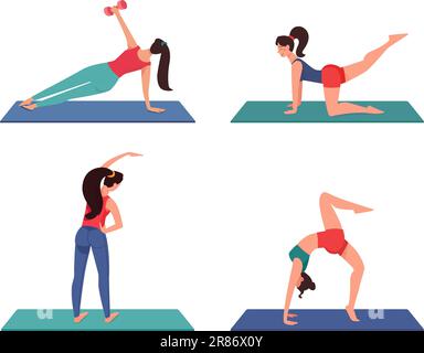 Mettez les filles fines en gymnastique sur des tapis. Entraînement à la maison, vecteur de fitness. Pendant la quarantaine, les gens font du sport à la maison, en toute sécurité. Femmes d'entraînement, plat, style, isolé sur blanc. Illustration de Vecteur