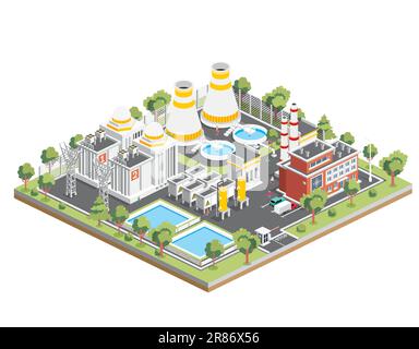 Centrale nucléaire isométrique. Énergie propre. Générer de l'électricité. Vue extérieure du réacteur nucléaire. Illustration vectorielle. Elément d'infographie isolé Illustration de Vecteur