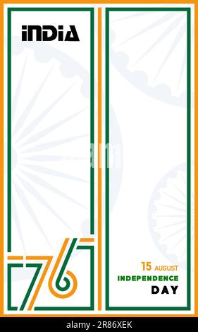 Jour de l'indépendance de l'Inde, 15 août texte en caractères safran avec des éléments de l'inde et la roue Ashok bleue sur fond de couleur Illustration de Vecteur