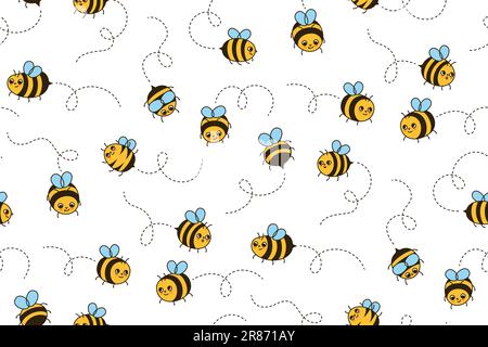 Motif de dessin animé sans couture Bee Honey. Enfants des personnages d'insectes d'abeille avec visages drôles rétro fond sans fin. Mignon été ornement comique smiley abeilles rayures répéter vecteur, illustration sans limites Illustration de Vecteur