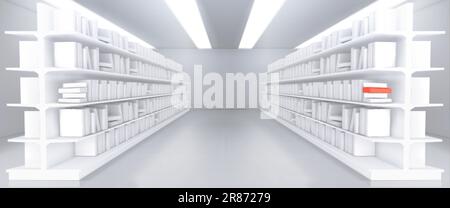 Allée réaliste de la librairie avec maquettes de livres. Illustration vectorielle de l'intérieur de la bibliothèque ou de la boutique avec littérature blanche et rouge vierge, manuels scolaires Illustration de Vecteur