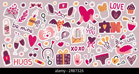 Adorables autocollants amoureux. Des dessins et des citations de journal, des éléments d'école ou d'ordre du jour pour le planificateur ou le calendrier, la Saint-Valentin. Expressions d'amour et dessin à la main romantique e Illustration de Vecteur