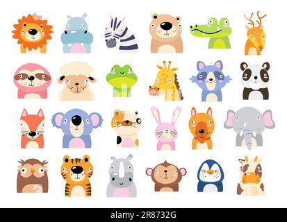 Ensemble d'animaux sauvages . Visage stupide . Illustration vectorielle . Illustration de Vecteur