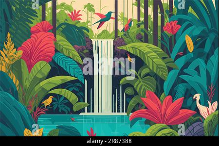 illustration d'arrière-plan de style vectoriel présentant une oasis cachée dans une jungle tropicale, avec une cascade sereine entourée d'une végétation luxuriante Illustration de Vecteur