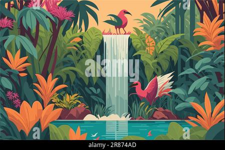 illustration d'arrière-plan de style vectoriel présentant une oasis cachée dans une jungle tropicale, avec une cascade sereine entourée d'une végétation luxuriante Illustration de Vecteur