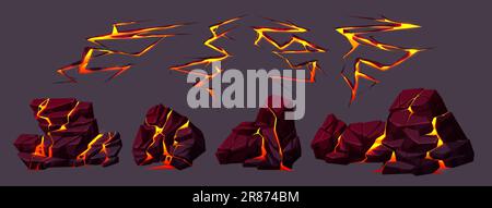 Texture du volcan avec lave dans les fissures et les pierres cassées. Roches volcaniques avec effet de lumière dans les fissures et les ruptures de surface de terre avec le magma chaud, vec Illustration de Vecteur