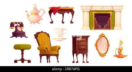 Mobilier victorien de style caricature avec foyer. Illustration du salon Royal vintage avec fauteuil, miroir et candeur isolés de style anglais Illustration de Vecteur