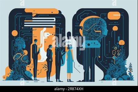 Illustration qui explore les considérations éthiques et l'impact sociétal de la technologie de l'IA. Scène avec des figures humaines en interaction avec des systèmes d'IA Illustration de Vecteur