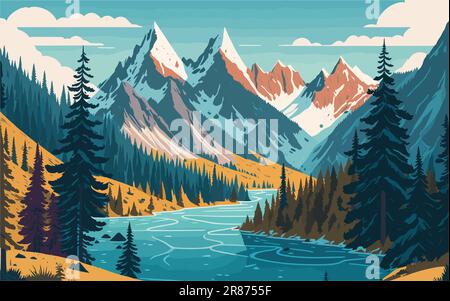 illustration vectorielle d'arrière-plan représentant une chaîne de montagnes majestueuse avec des sommets enneigés, des forêts luxuriantes et une rivière sinueuse. paysage naturel Illustration de Vecteur