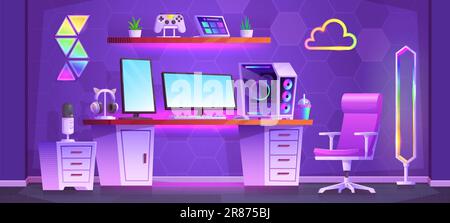 Intérieur d'une salle de lecture lumineuse pour adolescents avec bureau et arrière-plan vectoriel en pc. Vue de face du studio de cyber-gamer avec ordinateur, chaise et clavier, dessin animé illustrat Illustration de Vecteur