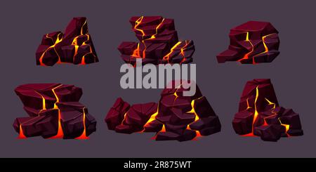 Texture de roche volcanique avec lave dans les fissures et les pierres cassées. Roches volcaniques avec effet de lumière dans les fissures et les ruptures de surface avec magma chaud, vecteur Illustration de Vecteur