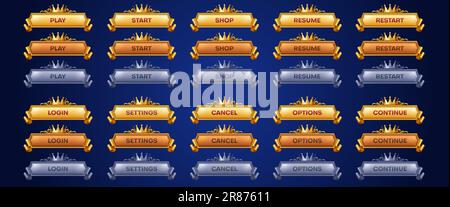 Jeu Royal boutons d'animation. Dessin animé vectoriel de cadres dorés argentés décorés de couronnes. Lire, démarrer, acheter, reprendre, redémarrer, connexion Illustration de Vecteur