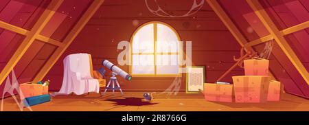 Ancienne maison abandonnée grenier intérieur en bois avec arrière-plan de vecteur de poussière. Rangement de loft sale avec toile d'araignée, trou dans le sol et illustration de la boîte. T Illustration de Vecteur