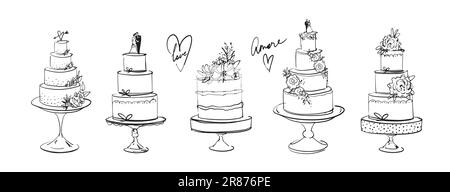 Ensemble de superbes gâteaux de mariage à plusieurs niveaux, croquis tendance, dessin à main levée, icône de ligne. Collection vectorielle de gâteaux pour une pâtisserie, logo isolé sur une wh Illustration de Vecteur