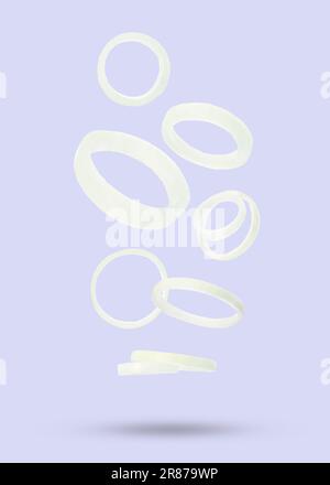 Beaucoup de rondelles d'oignon tombant sur fond violet clair pastel Banque D'Images
