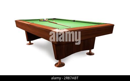 Table de billard avec des queues en bois, un rack et des boules sur fond blanc Banque D'Images