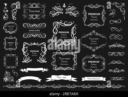 Éléments de conception calligraphiques . Tourbillons ou rouleaux décoratifs, cadres vintage, fleurons, étiquettes et séparateurs. Illustration du vecteur rétro. Illustration de Vecteur