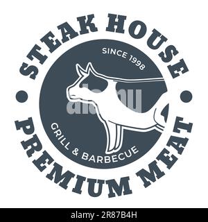 Steak House, grill et barbecue, viande et ingrédients de première qualité pour cuisiner et préparer des plats. Boeuf depuis 1998, qualité. Bannière ou étiquette promotionnelle, Illustration de Vecteur