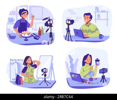 Blogueurs enregistrant des vidéos pour les réseaux sociaux. Cuisine ou travaux d'aiguille hobby vlog. Blog de mode. Contenu du podcast. Diffusion en continu sur Internet. Hommes et femmes Illustration de Vecteur